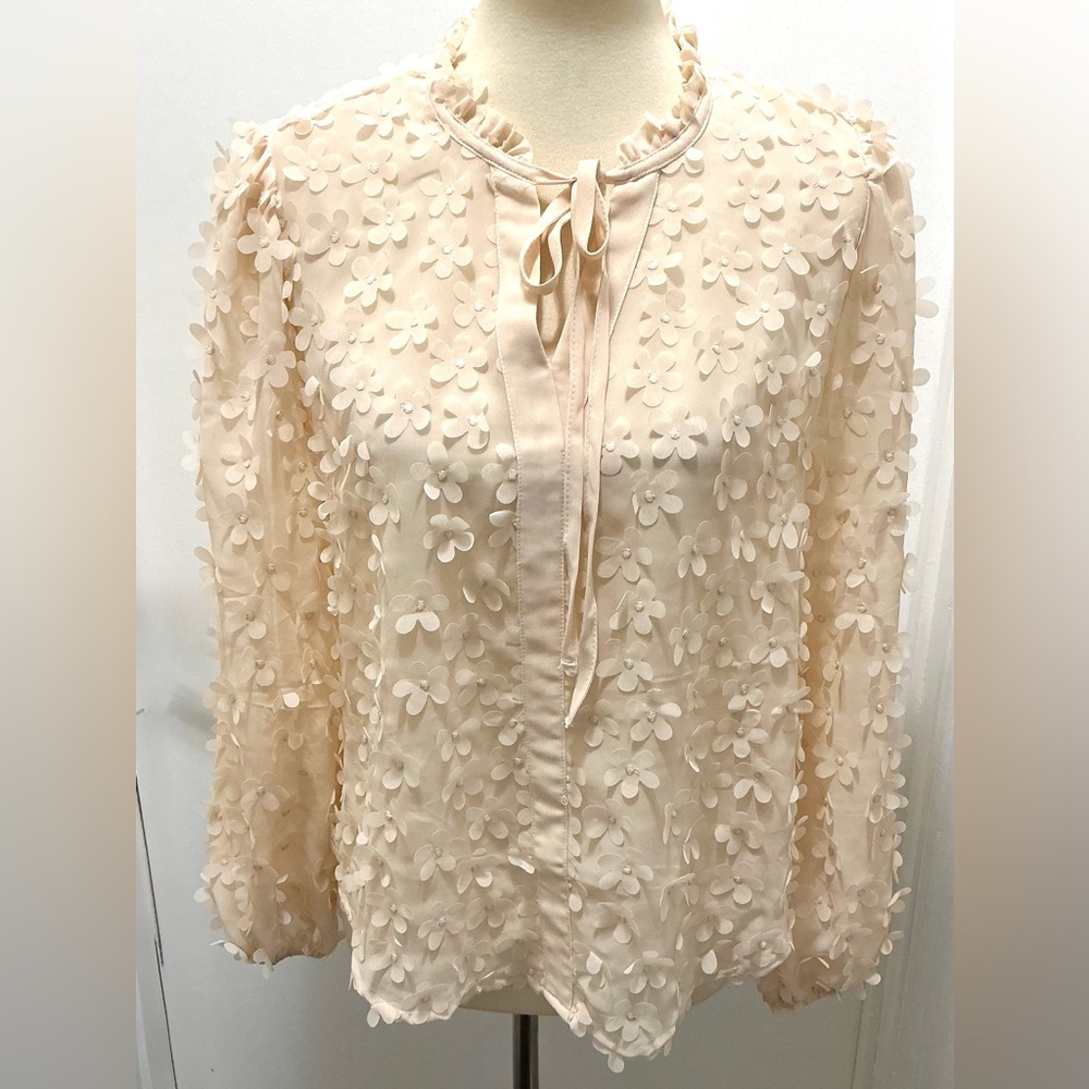 Adrianna Papell 3D Flower Tie Neck Sheer Blouse M Vanilla - Picture 7 of 9